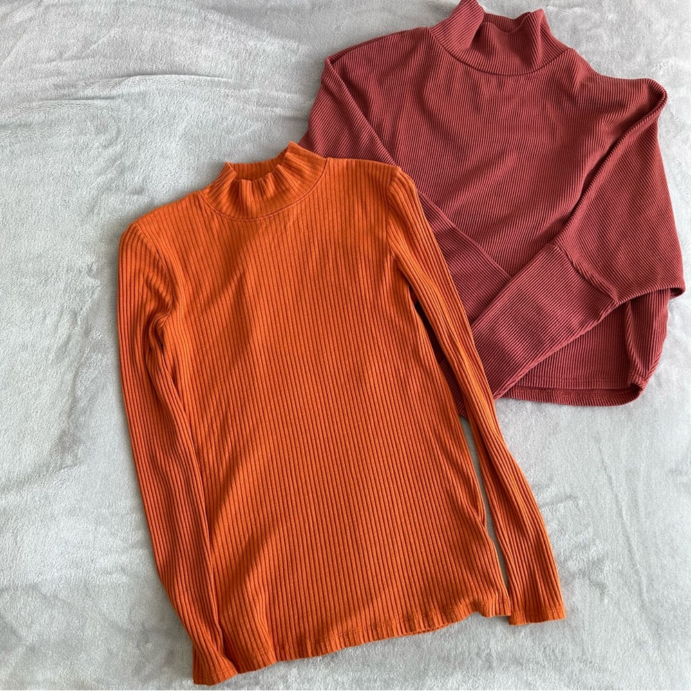 SET of 2 Ribbed Mockneck Long Sleeve Orange Tops - Rachel Zoe and Abound